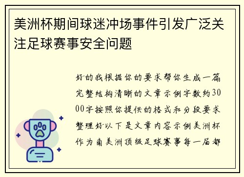 美洲杯期间球迷冲场事件引发广泛关注足球赛事安全问题