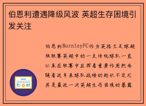 伯恩利遭遇降级风波 英超生存困境引发关注